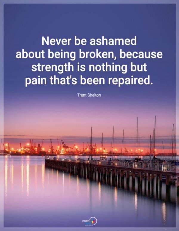 Never be ashamed about being broken, because strength is nothing but pain that's been repaired. Trent Shelton