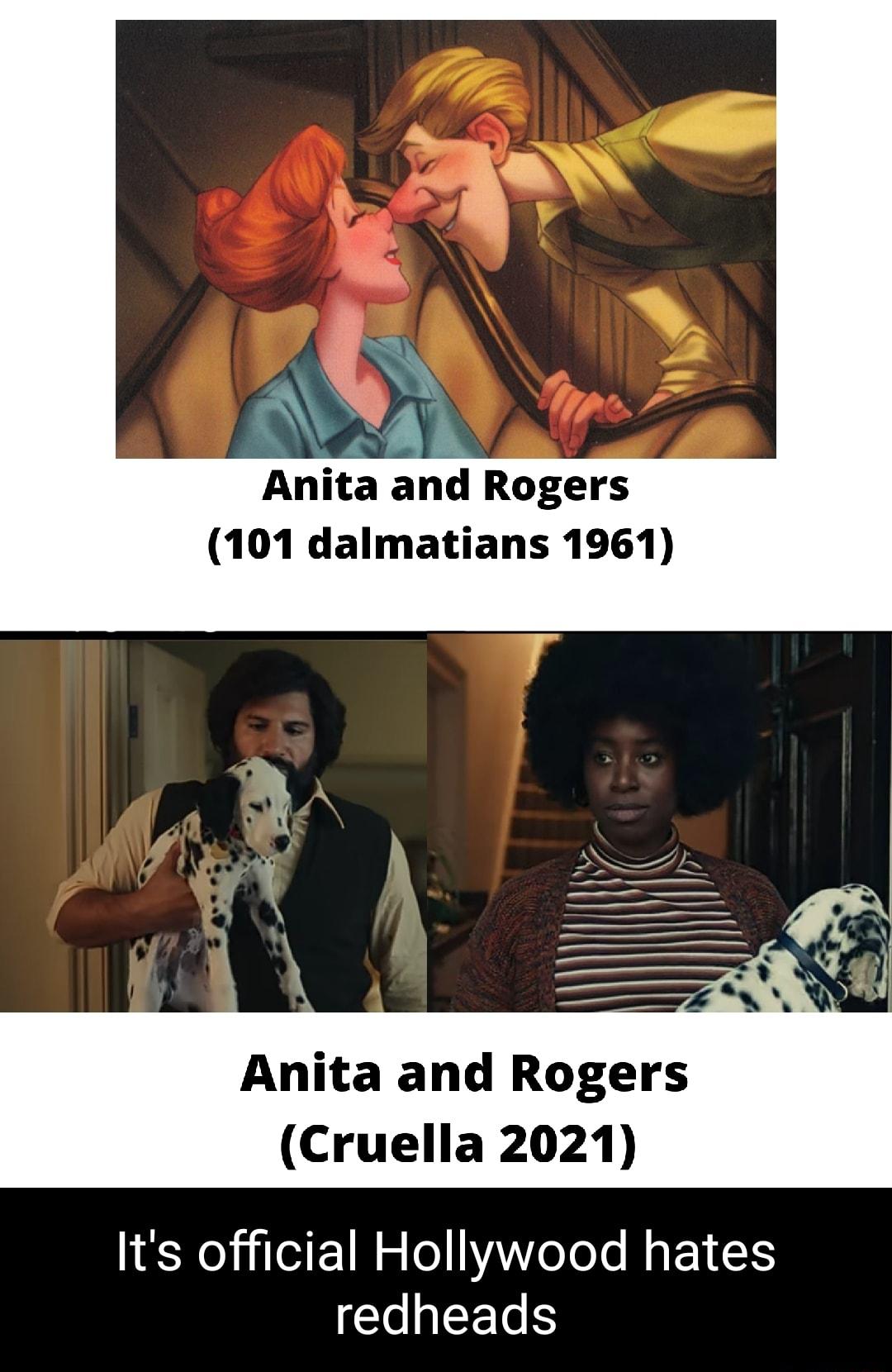 Anita and Rogers 101 dalmatians 1961 Anita and Rogers Cruella 2021 Its official Hollywood hates LN EETe S
