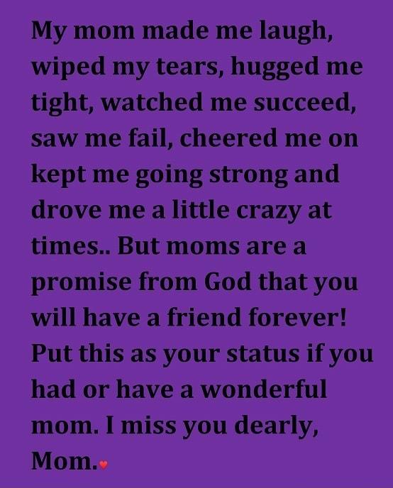 My mom made me laugh wiped my tears hugged me tight watched me succeed saw me fail cheered me on kept me going strong and drove me a little crazy at times But moms are a promise from God that you will have a friend forever Put this as your status if you had or have a wonderful mom miss you dearly Mom