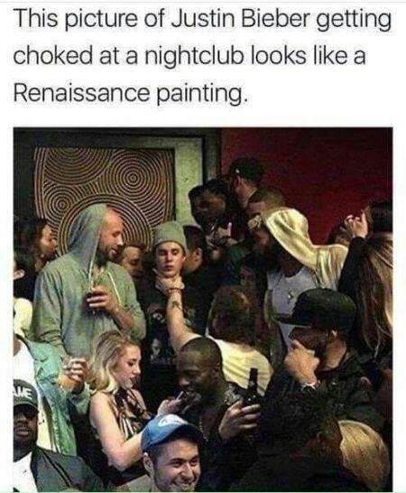 This picture of Justin Bieber getting choked at a nightclub looks like a Renaissance painting