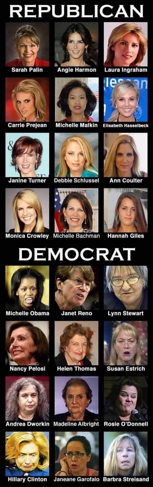 REPUBLICAN: Sarah Palin, Angie Harmon, Laura Ingraham, Carrie Prejean, Michelle Malkin, Elisabeth Hasselbeck, Janine Turner, Debbie Schlussel, Ann Coulter, Monica Crowley, Michelle Bachman, Hannah Giles. DEMOCRAT: Michelle Obama, Janet Reno, Lynn Stewart, Nancy Pelosi, Helen Thomas, Susan Estrich, Andrea Dworkin, Madeline Albright, Rosie O'Donnell,
