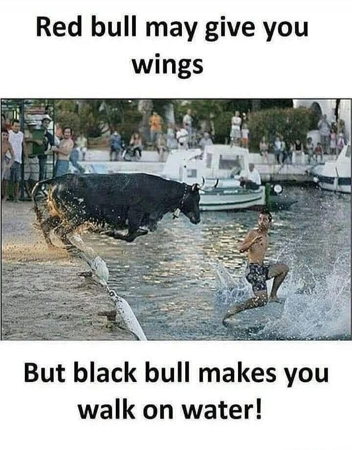Red bull may give you wings But black bull makes you walk on water!