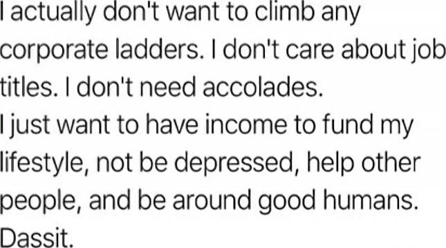 I actually don't want to climb any corporate ladders. I don't care about job titles. I don't need accolades. I just want to have income to fund my lifestyle, not be depressed, help other people, and be around good humans. Dassit.