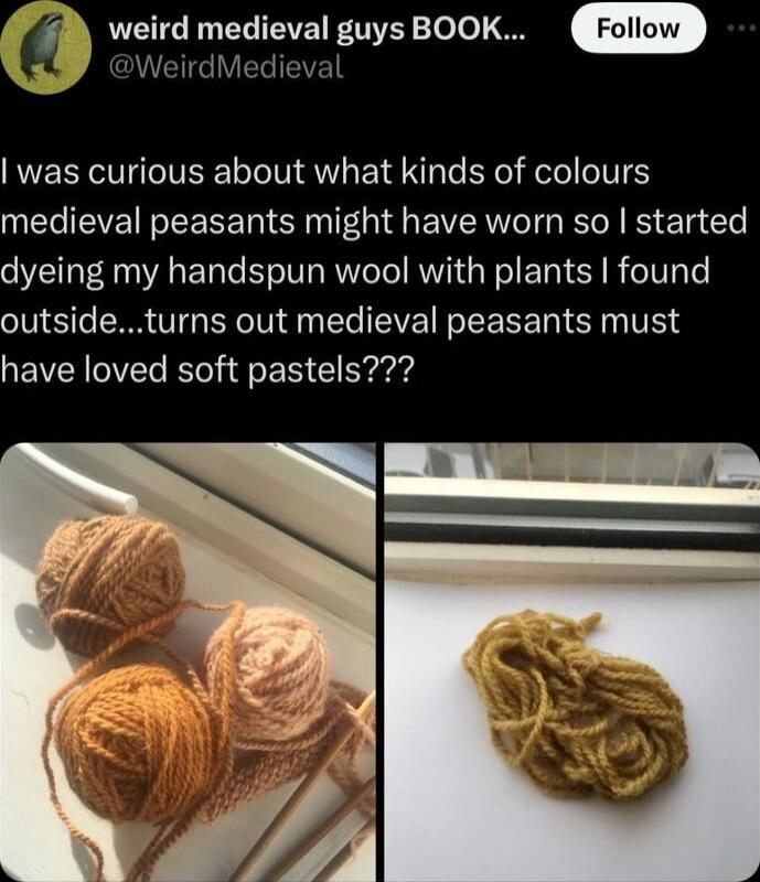 WICIE R ECIEVE FTTE Telo o WeirdMedieval was curious about what kinds of colours medieval peasants might have worn so started dyeing my handspun wool with plants found outsideturns out medieval peasants must have loved soft pastels