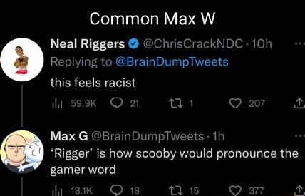 oelyglag el RV EVRYY Neal Riggers ChrisCrackNDC 10t Replying to BrainDumpTweets this feels racist ih Q T Max G BrainDumpTv Rigger is how scooby would pronounce the gamer word