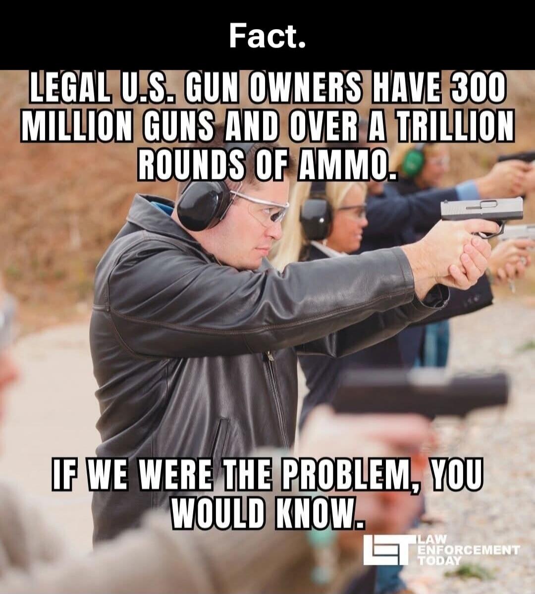Fact. LEGAL U.S. GUN OWNERS HAVE 300 MILLION GUNS AND OVER A TRILLION ROUNDS OF AMMO. IF WE WERE THE PROBLEM, YOU WOULD KNOW.