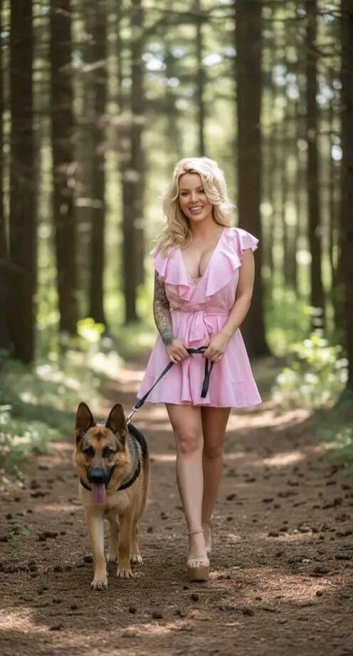 A woman in a pink dress walking a dog on a leash through a forest path.
