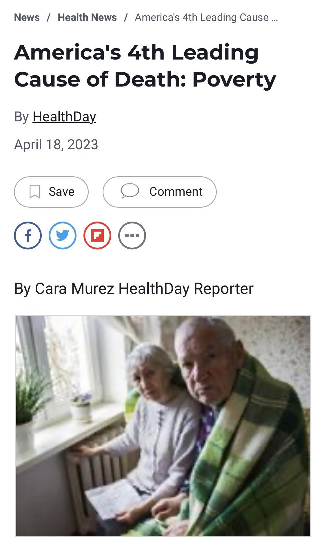 News Health News Americas 4th Leading Cause Americas 4th Leading Cause of Death Poverty By HealthDay April 182023 l save Comment OO By Cara Murez HealthDay Reporter