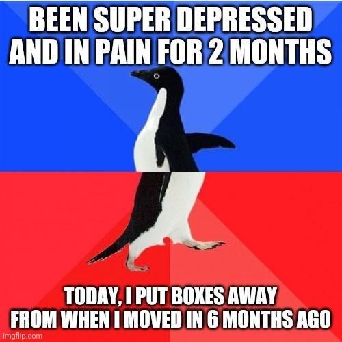 BEEN SUPER DEPRESSED AND IN PAIN FOR 2 MONTHS J TODAY 1 PUT BOXES AWAY FROM WHEN 1 MOVED IN 6 MONTHS RGO