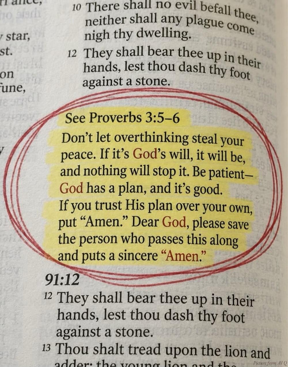 See Proverbs 3:5-6. Don't let overthinking steal your peace. If it's God's will, it will be, and nothing will stop it. Be patient— God has a plan, and it's good. If you trust His plan over your own, put “Amen.” Dear God, please save the person who passes this along and puts a sincere “Amen.”