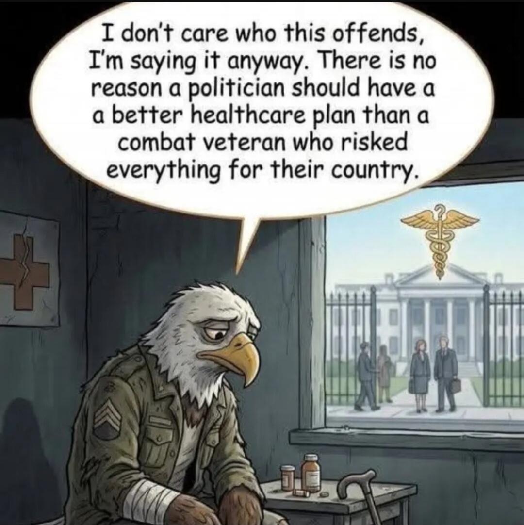 I don't care who this offends, I'm saying it anyway. There is no reason a politician should have a better healthcare plan than a combat veteran who risked everything for their country.