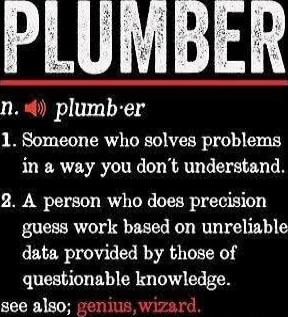 PLUMBER\nplumb•er\n1. Someone who solves problems in a way you don’t understand.\n2. A person who does precision guess work based on unreliable data provided by those of questionable knowledge.\nsee also; genius, wizard.