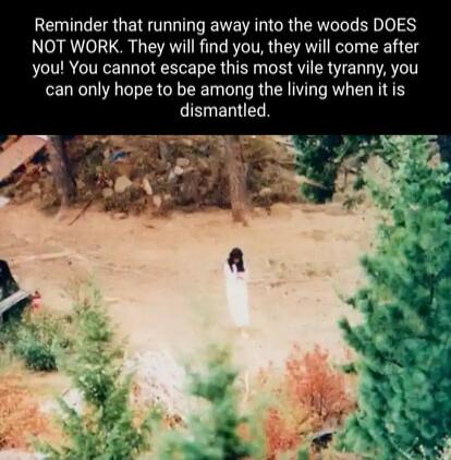 Reminder that running away into the woods DOES NOT WORK They will find you they will come after you You cannot escape this most vile tyranny you can only hope to be among the living when itis