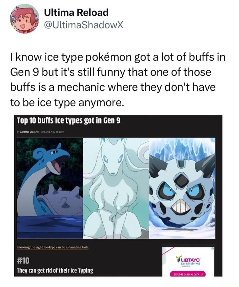 Ultima Reload X UltimaShadowX I know ice type pokmon got a lot of buffs in Gen 9 but its still funny that one of those buffs is a mechanic where they dont have to be ice type anymore Top 10 buffs Ice types got in Gen 9 10 Vi Theyca get i o thelr e Typng e
