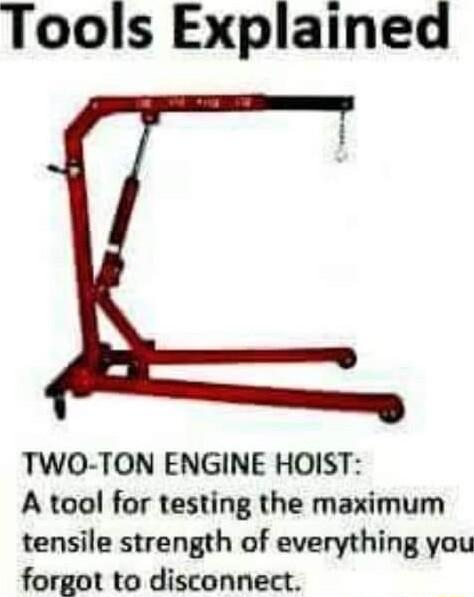 Tools Explained TWO TON ENGINE HOIST A tool for testing the maximum tensile strength of everything you forgot to disconnect