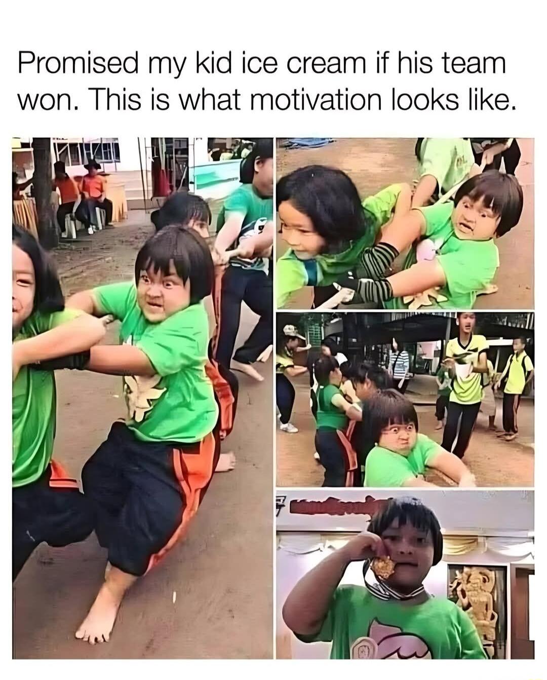 Promised my kid ice cream if his team won This is what motivation looks like