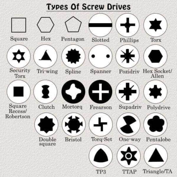 Types Of Screw Drlves 7 Square Hex Pentagon Slotted Phillips Torx NICURIEIO Tri wing Spline Spanner Pozidriv nexm et Allen 100 Clutch Mortorq Frears n Supadriv Polydrive Recess aarze Double Bristol Tnn Set One way Inmlohc e XA TTAP Inlul