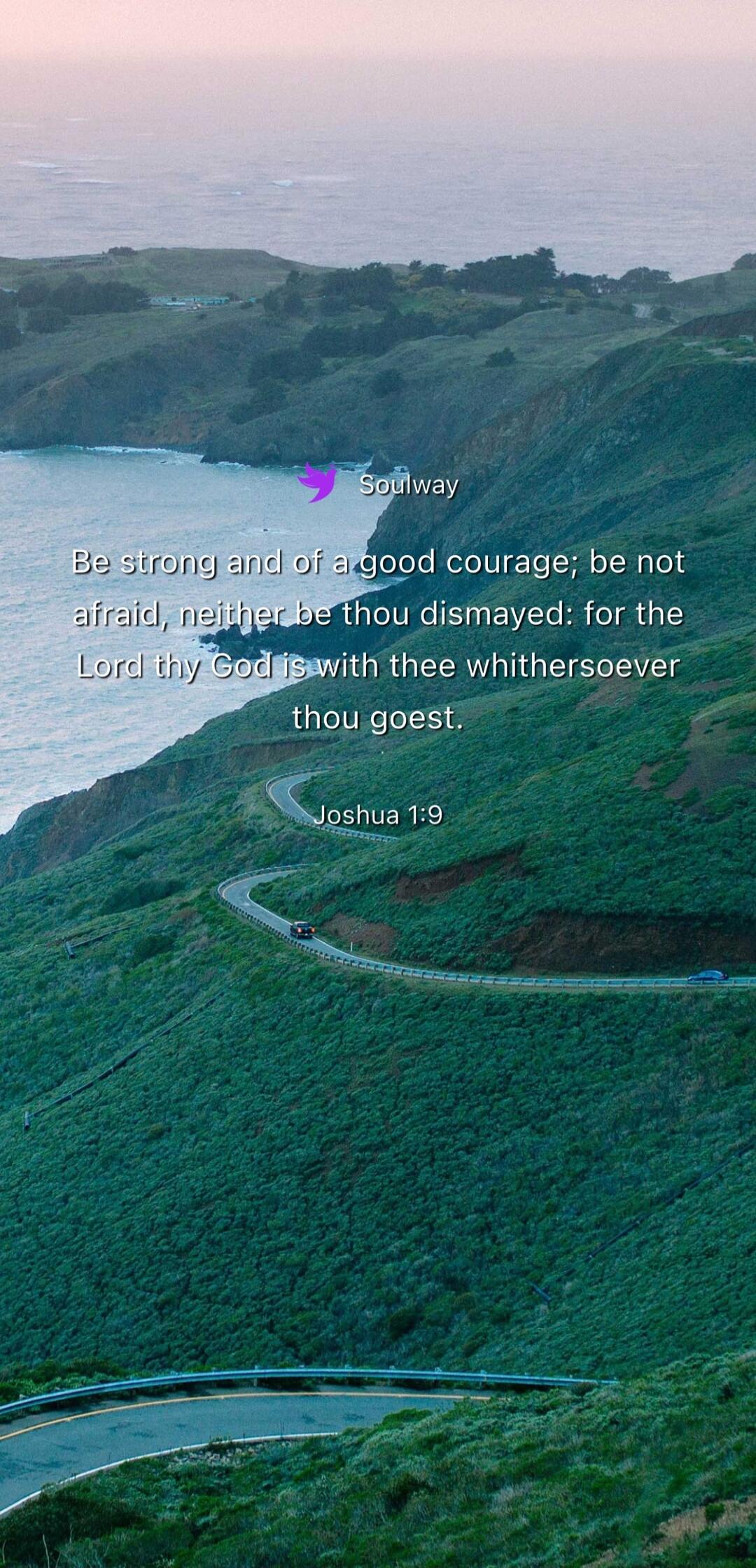 Soulway Be strong and of a good courage; be not afraid, neither be thou dismayed: for the Lord thy God is with thee whithersoever thou goest. Joshua 1:9