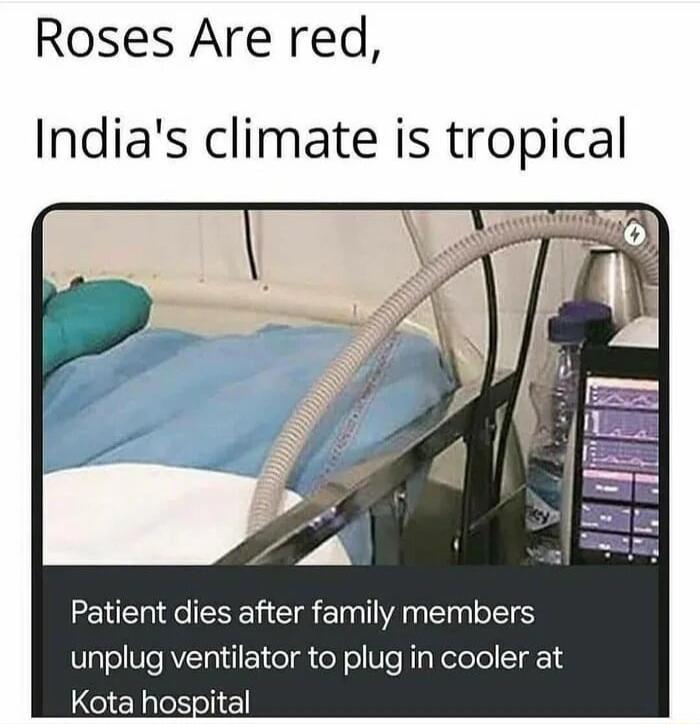 Roses Are red Indias climate is tropical Patient dies after family members unplug ventilator to plug in cooler at Kota hospital
