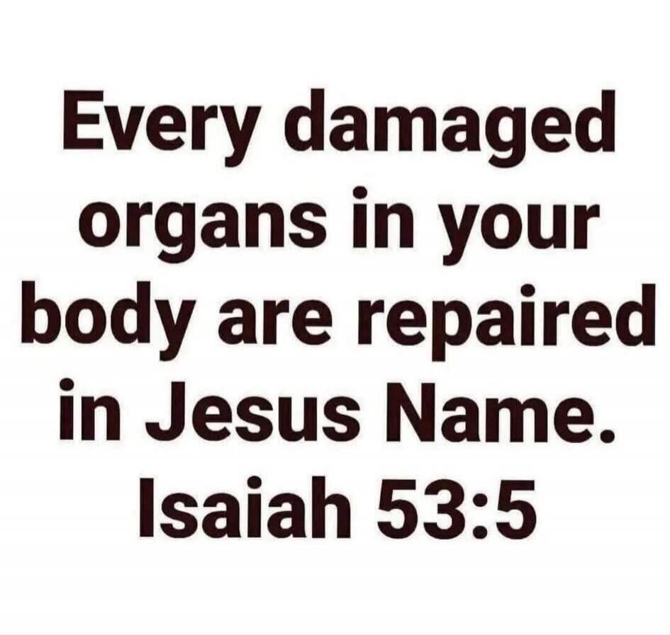 Every damaged organs in your body are repaired in Jesus Name. Isaiah 53:5