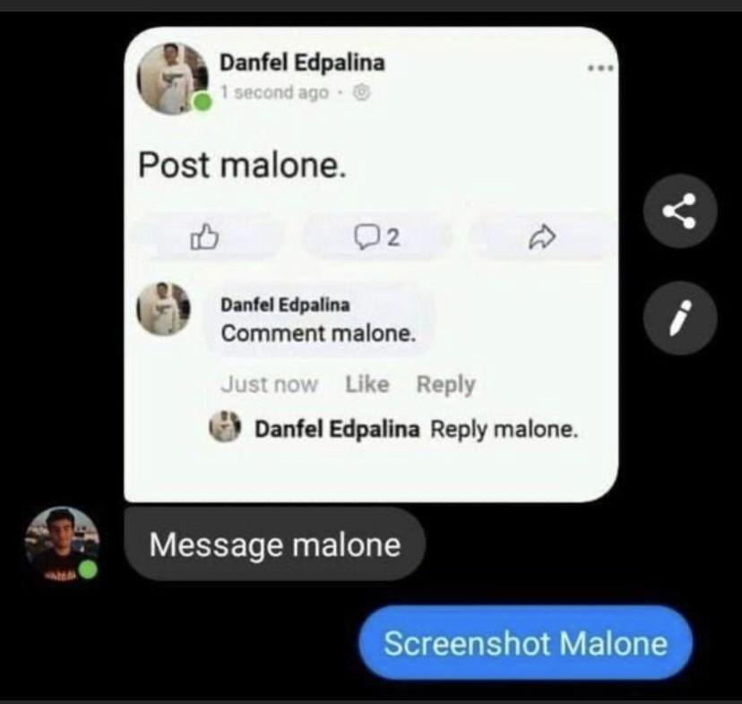 Danfel Edpalina a Post malone S Danfel Edpalina Comment malone l Danfel Edpalina Reply malone Message malone Screenshot Malone