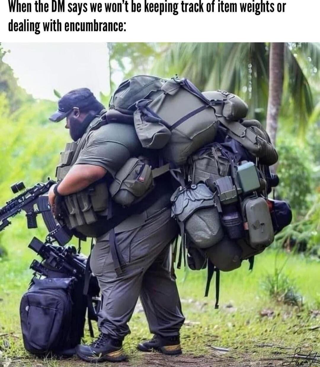 when the DM says we wont be keeping track of rtem weignts or dealing with encumbrance