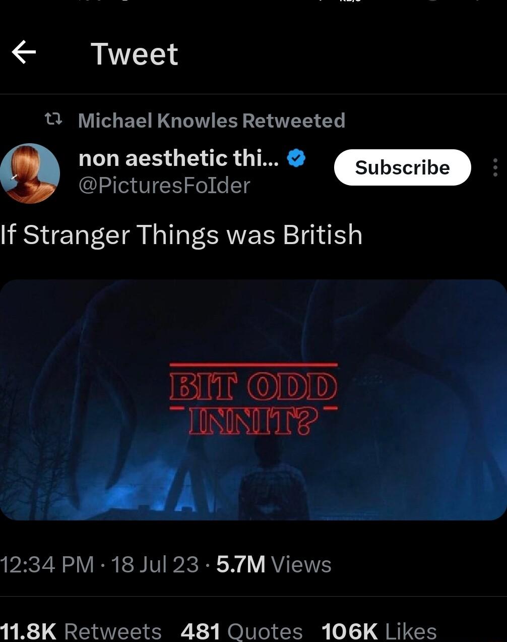 Tweet 1 Michael Knowles Retweeted non aesthetic thi PicturesFolder i IESIERECTR L IT EAVER Sl ETNODD RN R i 1234 PM 18 Jul 23 57M Views 118K Retweets 481 Quotes 106K Likes