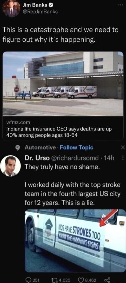 m Banks Y ReplimBanks This is a catastrophe and we need to figure out why its happening wfmzcom Indiana life insurance CEO says deaths are up 40 among people ages 18 64 Automotive Follow Topic Dr Urso richardursomd 14h AL GV VR O BT N worked daily with the top stroke CEINRLRGER CITRGRET CE U for 12 years This is a lie