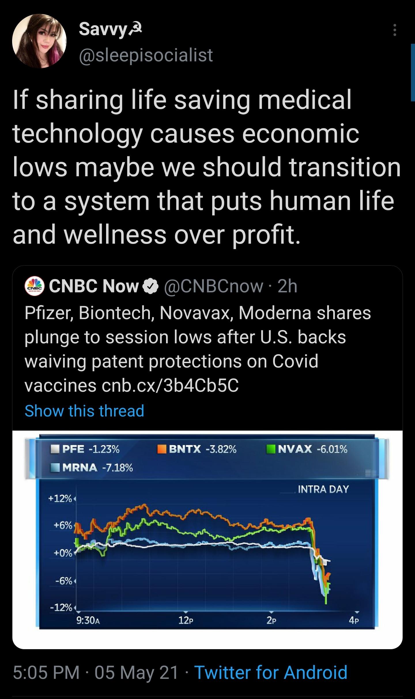 Savvy 2 B ORI If sharing life saving medical technology causes economic lows maybe we should transition ICERVSICINRUQEIR ISV EI R E and wellness over profit CNBC Now CNBCnow 2h Pfizer Biontech Novavax Moderna shares plunge to session lows after US backs WETNIale W oY Tl Aol o Te1 o gE o g W TeViTe vaccines cnbcx3b4Cb5C S AGIERGICET TR MBNTX 382 TNVAX 601 M MRNA 718 INTRA DAY SO RN OER Y E YA IR W1
