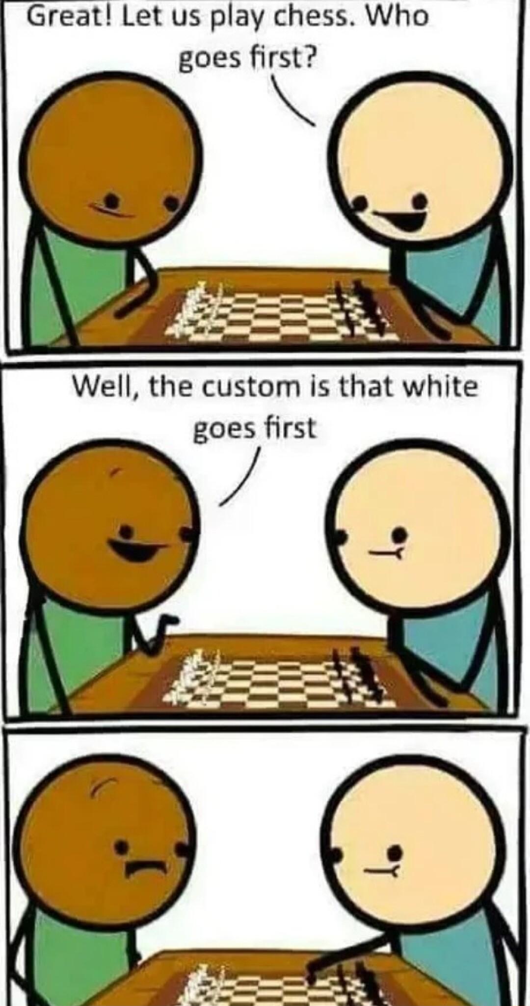 Great Let us play chess Who goes first Well the custom is that white goes first