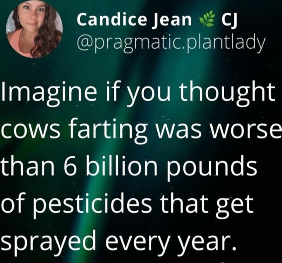 Candice Jean NGl ETnEl ool ElaliETe Imagine if you thought cows farting was worse than 6 billion pounds of pesticides that get Sl E NV gAETR