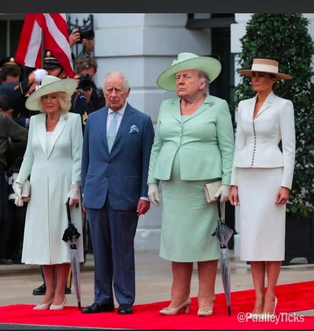 A photoshopped image featuring Camilla Parker Bowles, King Charles III, Donald Trump's face on Queen Elizabeth II's body, and Melania Trump standing on a red carpet. @PaulleyTicks