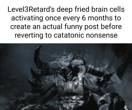 Level3Retards deep fried brain cells activating once every 6 months to create an actual funny post before reverting to catatonic nonsense