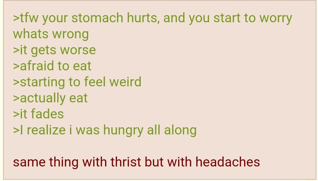 i Anonymous 090316Sat160155 N031155678 tfw your stomach hurts and you start to worry whats wrong it gets worse afraid to eat starting to feel weird actually eat it fades realize i was hungry all along same thing with thrist but with headaches