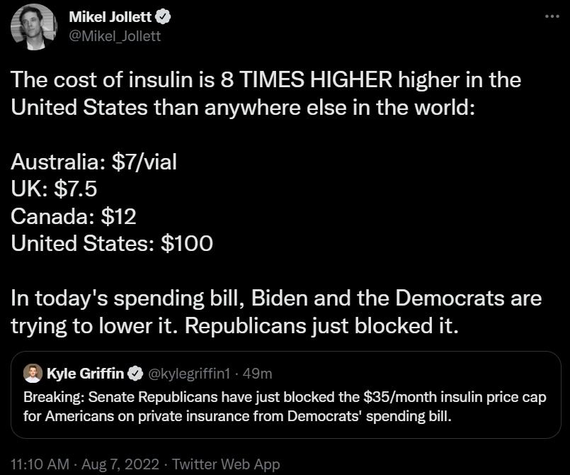 Mikel Jollett Mikel_Jollett The cost of insulin is 8 TIMES HIGHER higher in the United States than anywhere else in the world Australia 7vial UK 75 Canada 12 SLUERESEIEER o0 In todays spending bill Biden and the Democrats are trying to lower it Republicans just blocked it Ky Gritin Breaking Senate Republicans have just blocked the 35month insuiin price cap for Americans on private insurance from D
