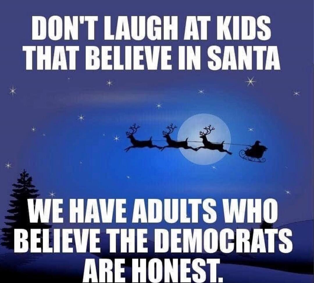 DON'T LAUGH AT KIDS THAT BELIEVE IN SANTA WE HAVE ADULTS WHO BELIEVE THE DEMOCRATS ARE HONEST.