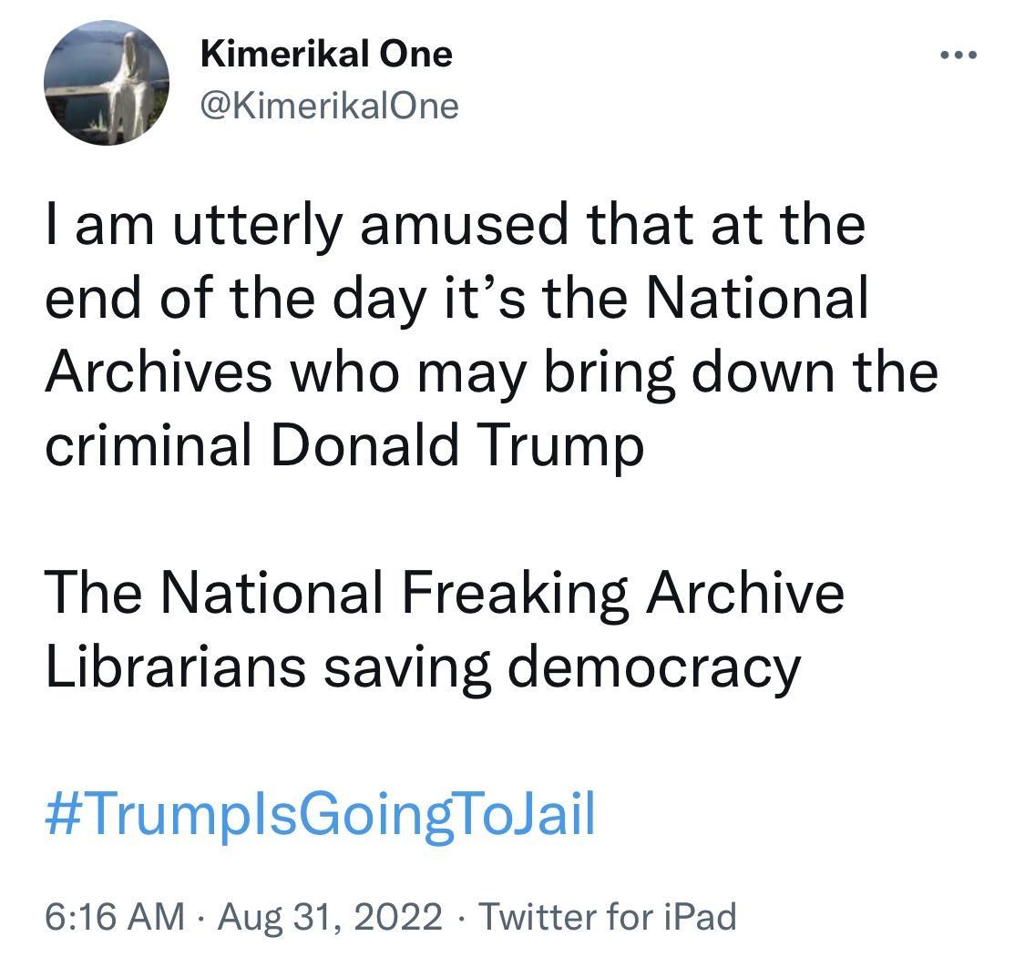 S0 Kimerikal One Kimerikalone am utterly amused that at the end of the day its the National Archives who may bring down the criminal Donald Trump The National Freaking Archive Librarians saving democracy TrumplsGoingTolJail 616 AM Aug 31 2022 Twitter for iPad