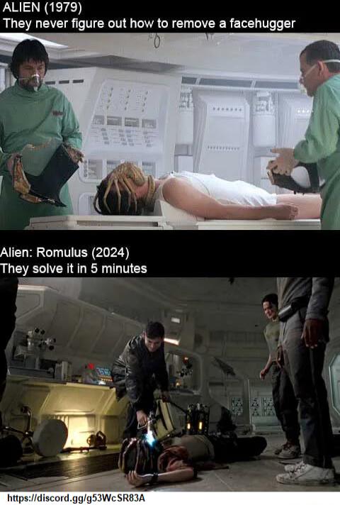 ALIEN 1979 They never figure out how to remove a facehugger Alien Romulus 2024 They solve it in 5 minutes