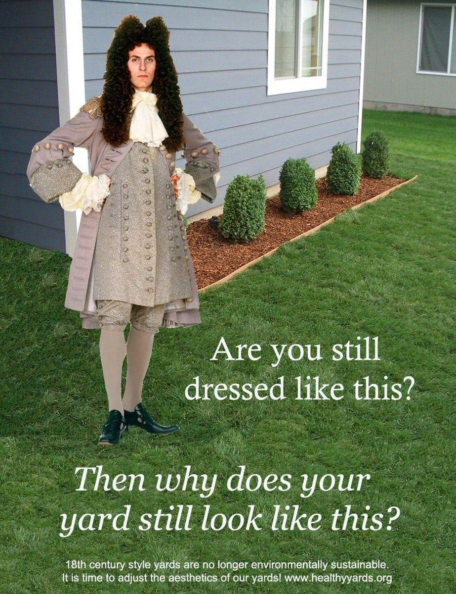 Are you still dressed hke this Then why ddes your yard still lookhke this 18th century M m mmw enviconmentally sustainable 15 mo o acust he agshetos of ouryard www healiyyards o