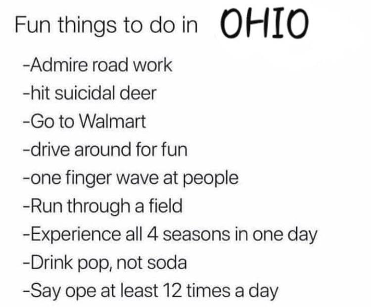 Fun things to do in OHIO Admire road work hit suicidal deer Go to Walmart drive around for fun one finger wave at people Run through a field Experience all 4 seasons in one day Drink pop not soda Say ope at least 12 times a day