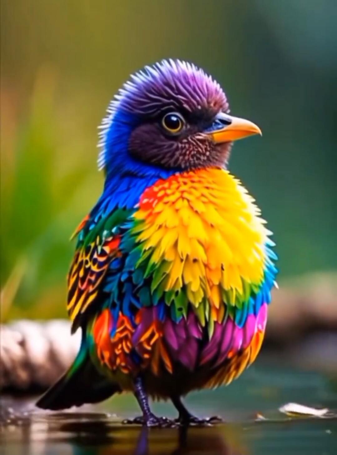 Colorful rainbow lorikeet perched near water.