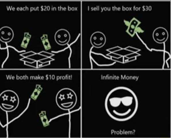 We each put 20 in the box 1 sell you the box for 30