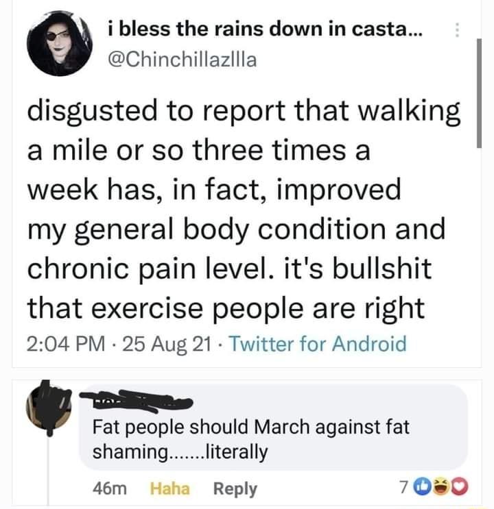 i bless the rains down in casta Chinchillazllla disgusted to report that walking a mile or so three times a week has in fact improved my general body condition and chronic pain level its bullshit that exercise people are right 204 PM 25 Aug 21 Twitter for Android e Fat people should March against fat shamingliterally 46m Haha Reply 700