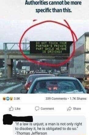 Authorities cannot be more specific than this.\nDO NOT TOUCH YOUR PARTNER'S PRIVATE PART WHILE SHE/HE IS DRIVING