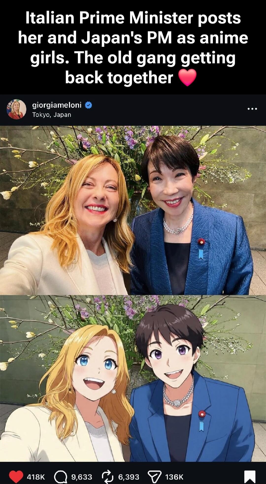 Italian Prime Minister posts her and Japan's PM as anime girls. The old gang getting back together 💗

giorgiameloni
Tokyo, Japan