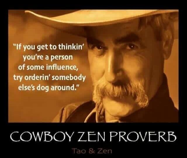 If you get to thinkin' you're a person of some influence, try orderin' somebody else's dog around. COWBOY ZEN PROVERB Tao & Zen
