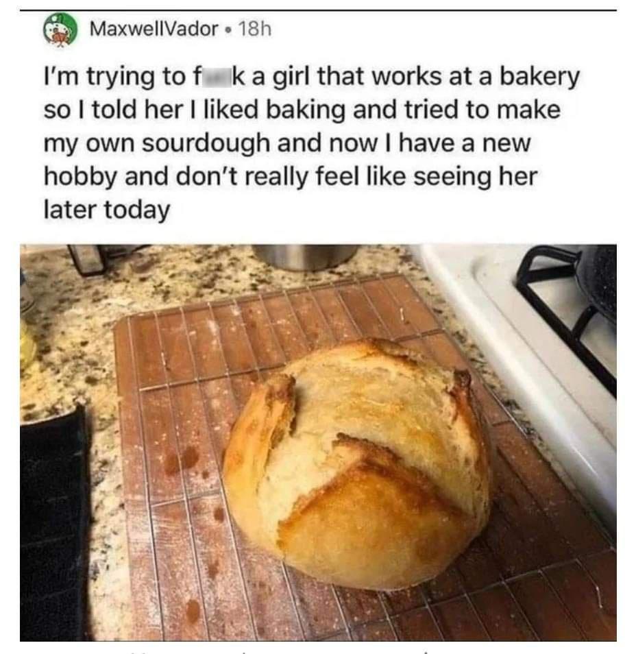 MaxwellVador 18h Im trying to fusk a girl that works at a bakery so told her liked baking and tried to make my own sourdough and now have a new hobby and dont really feel like seeing her later today