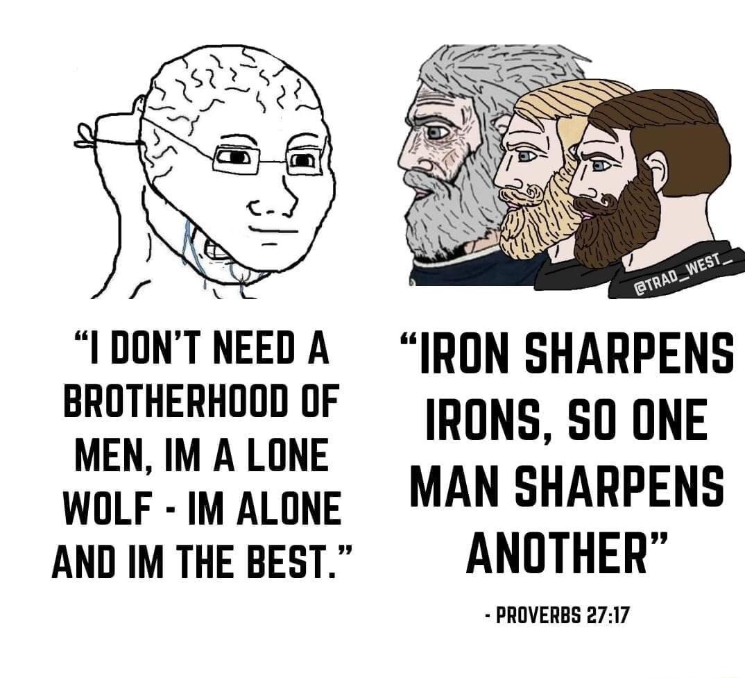 7 IDONT NEED A BROTHERHOOD OF MEN IM A LONE IRONS S0 ONE woLr imaLoxe MAN SHARPENS AND IM THE BEST ANOTHER PROVERBS 2717
