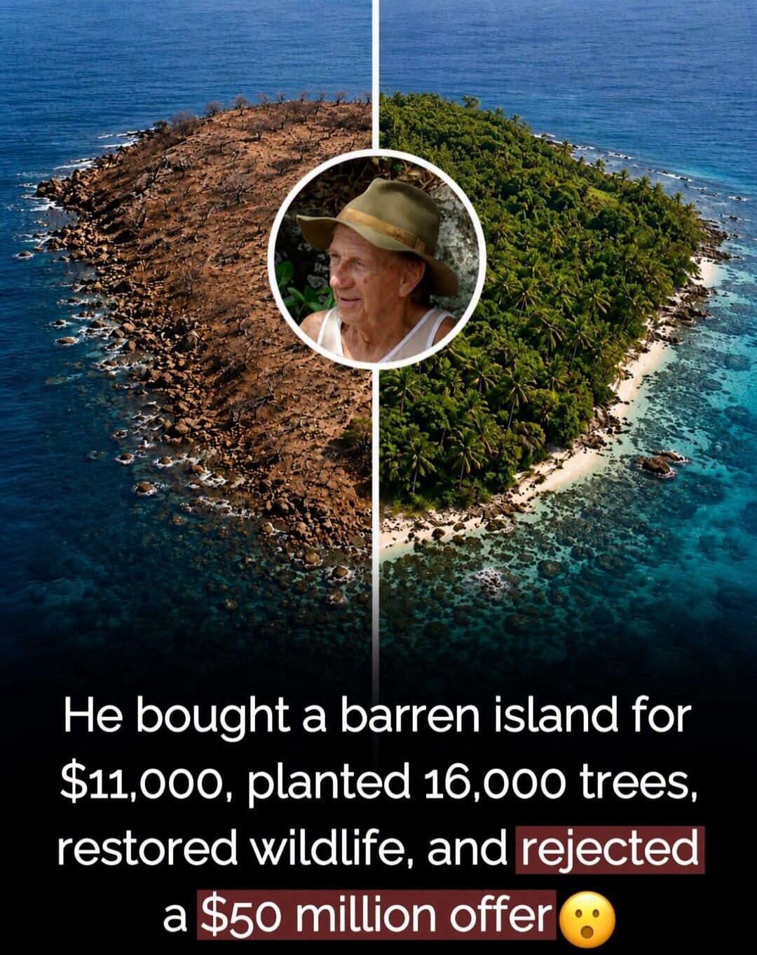 He bought a barren island for $11,000, planted 16,000 trees, restored wildlife, and rejected a $50 million offer.