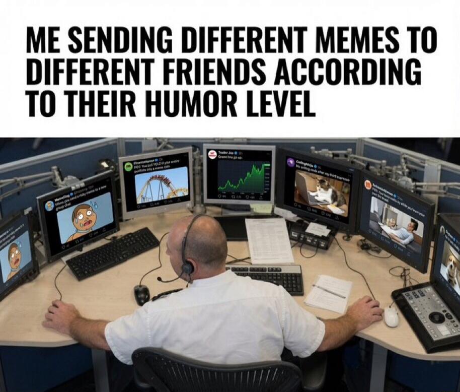 ME SENDING DIFFERENT MEMES TO DIFFERENT FRIENDS ACCORDING TO THEIR HUMOR LEVEL. The image shows a person at a multi-monitor setup, with each screen displaying a different meme. Visible memes include a Rick and Morty meme, a rollercoaster meme about a meme stock portfolio, a cat typing on a laptop, a man relaxing with a dog, and a stock chart with '